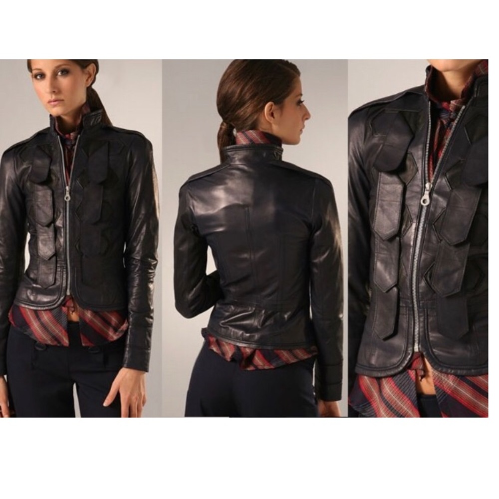 L.A.M.B. Leather Military/ Moto Jacket dark Navy - Picture 7 of 8